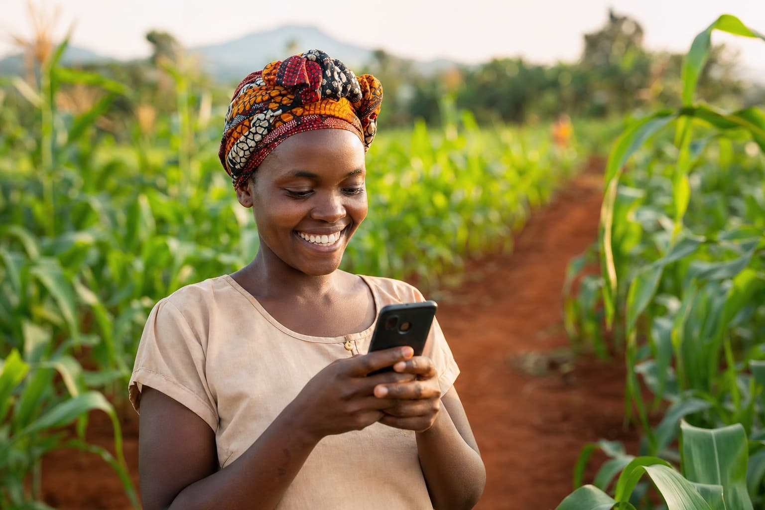 A smallholder farmer smiling at her phone in a maize field