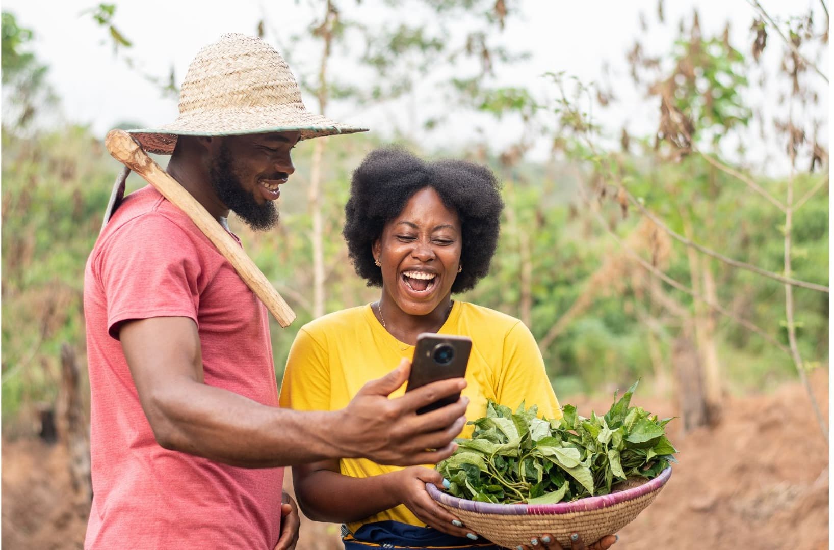 A farmer couple checking a phone together in their field